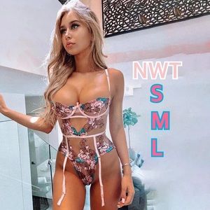 NWT underwire bodysuit pink contour bodysuit mesh transparent suspender sexy